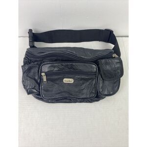 Vintage 90's Fanny Pack Waist Bag Black Faux Leather‎ Unisex Zippers ISAKA